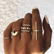 Load image into Gallery viewer, IPARAM Bohemian Vintage Gold Crescent Geometric Joint Ring Set for Women Crystal Personality Design Ring Set Party Jewelry Gift