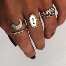 Load image into Gallery viewer, IPARAM Bohemian Vintage Gold Crescent Geometric Joint Ring Set for Women Crystal Personality Design Ring Set Party Jewelry Gift